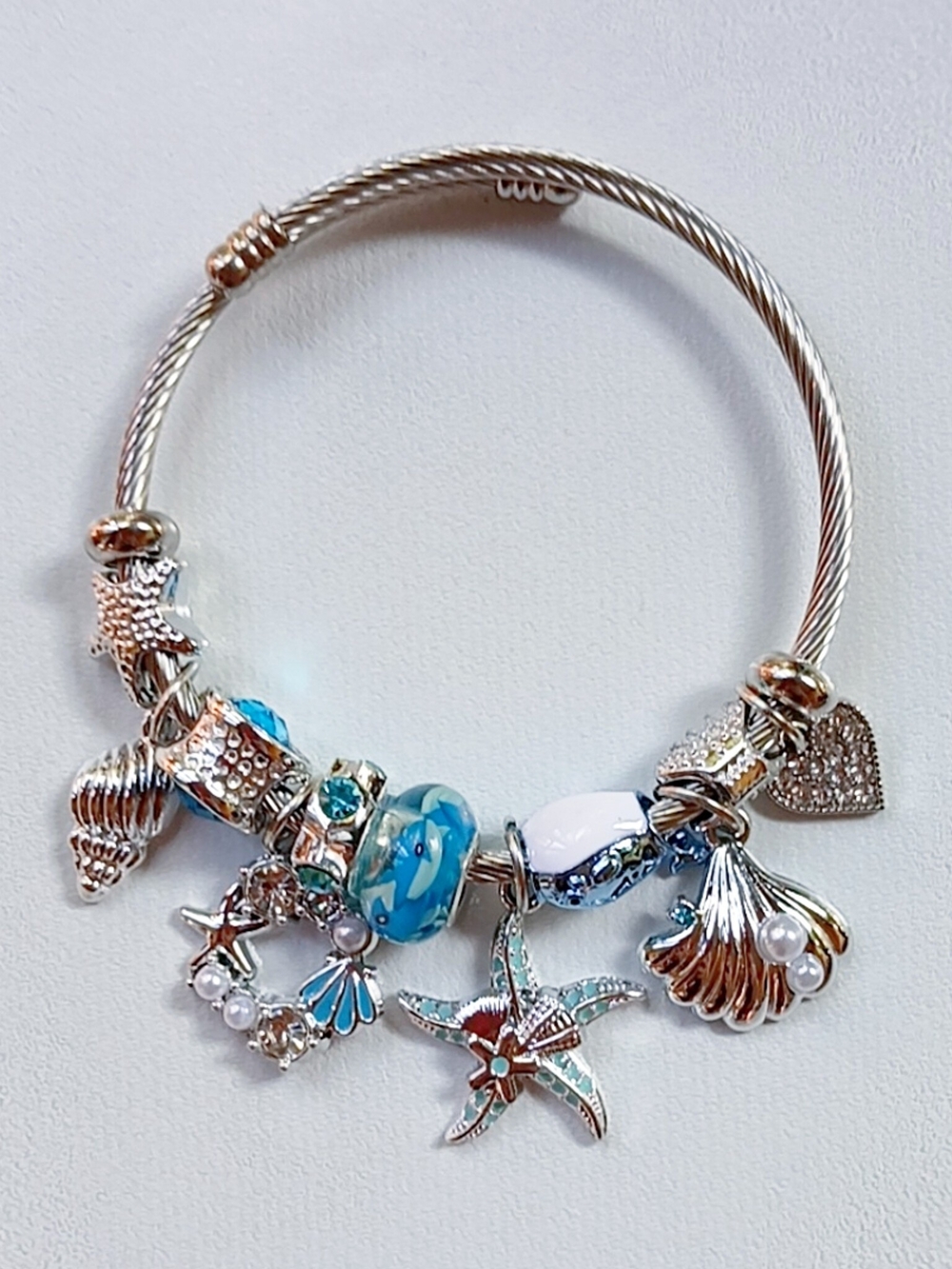 Silver-Tone Blue Sea Charm Bangle Bracelet